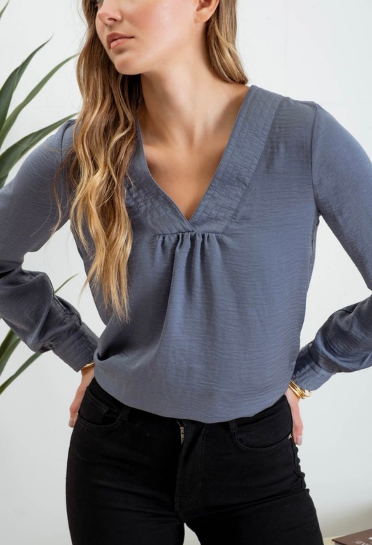 Blue Satin V-Neck Blouse