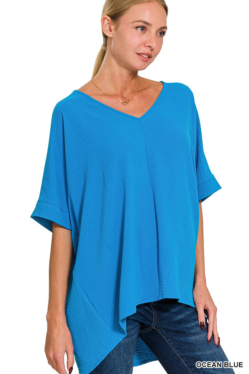 Woven V-Neck Short Sleeve Top - Ocean Blue