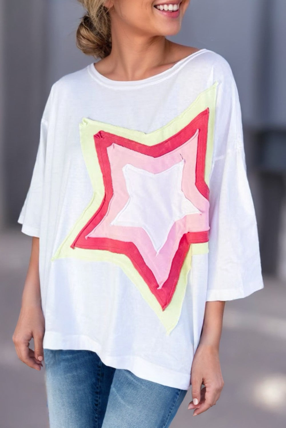 Color-block Star Patched Oversized Tee