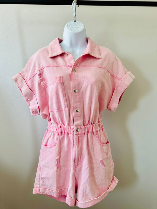 Pink Denim Romper - SMALL