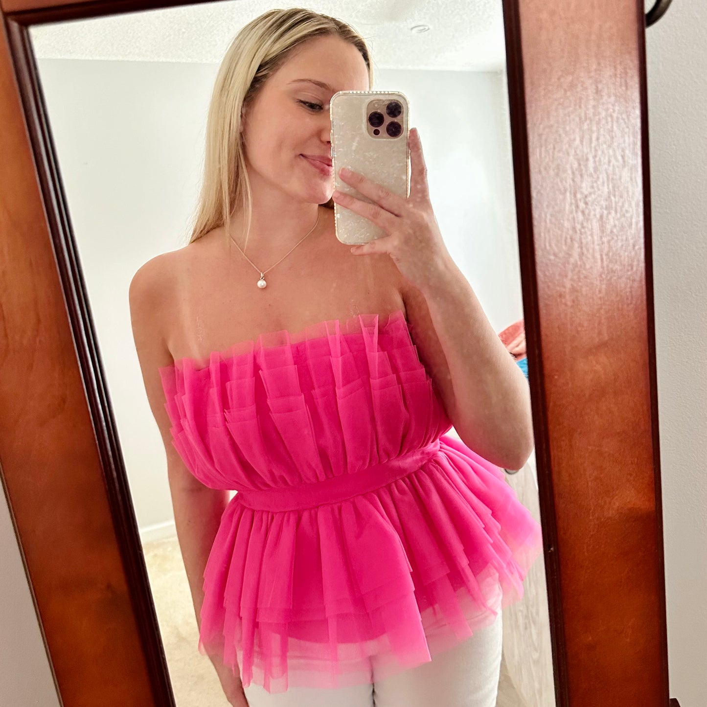 Pink Tulle Strapless Top - Size Small