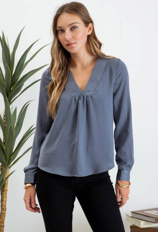 Blue Satin V-Neck Blouse