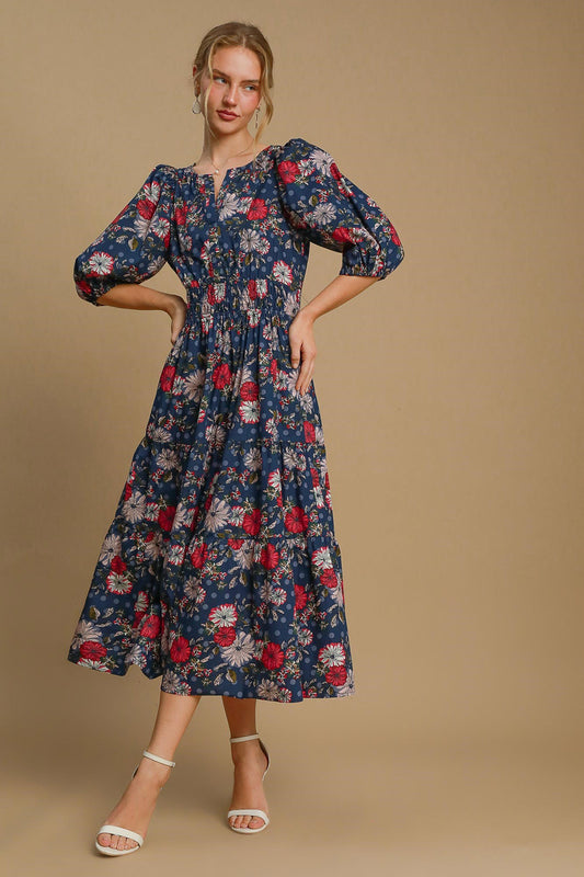 Navy Floral Print Tiered Midi Dress