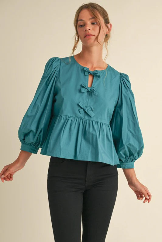 Bow Tie Peplum Top - Teal